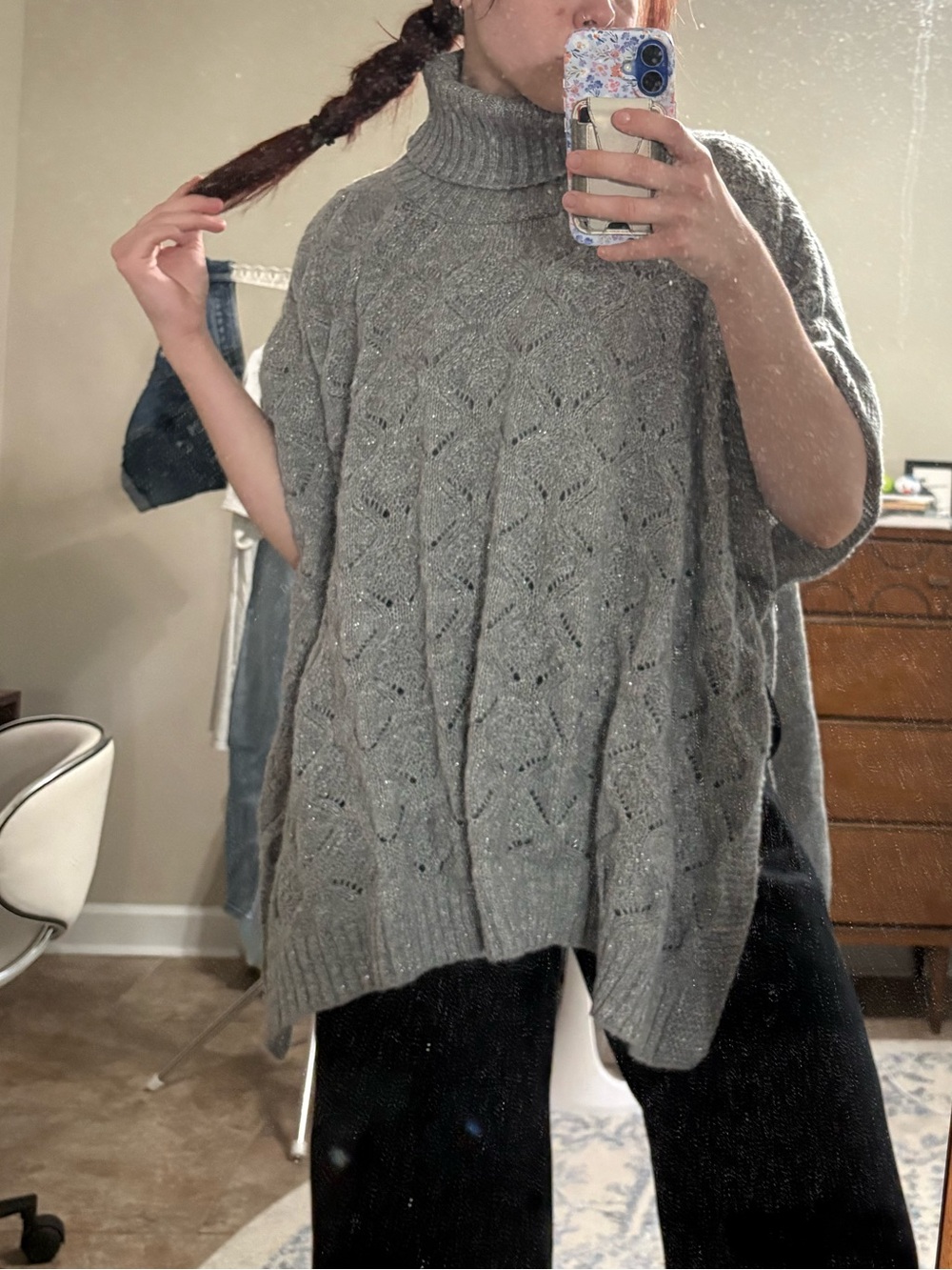 Turtleneck Cable-Knit Poncho Sweater - Gray